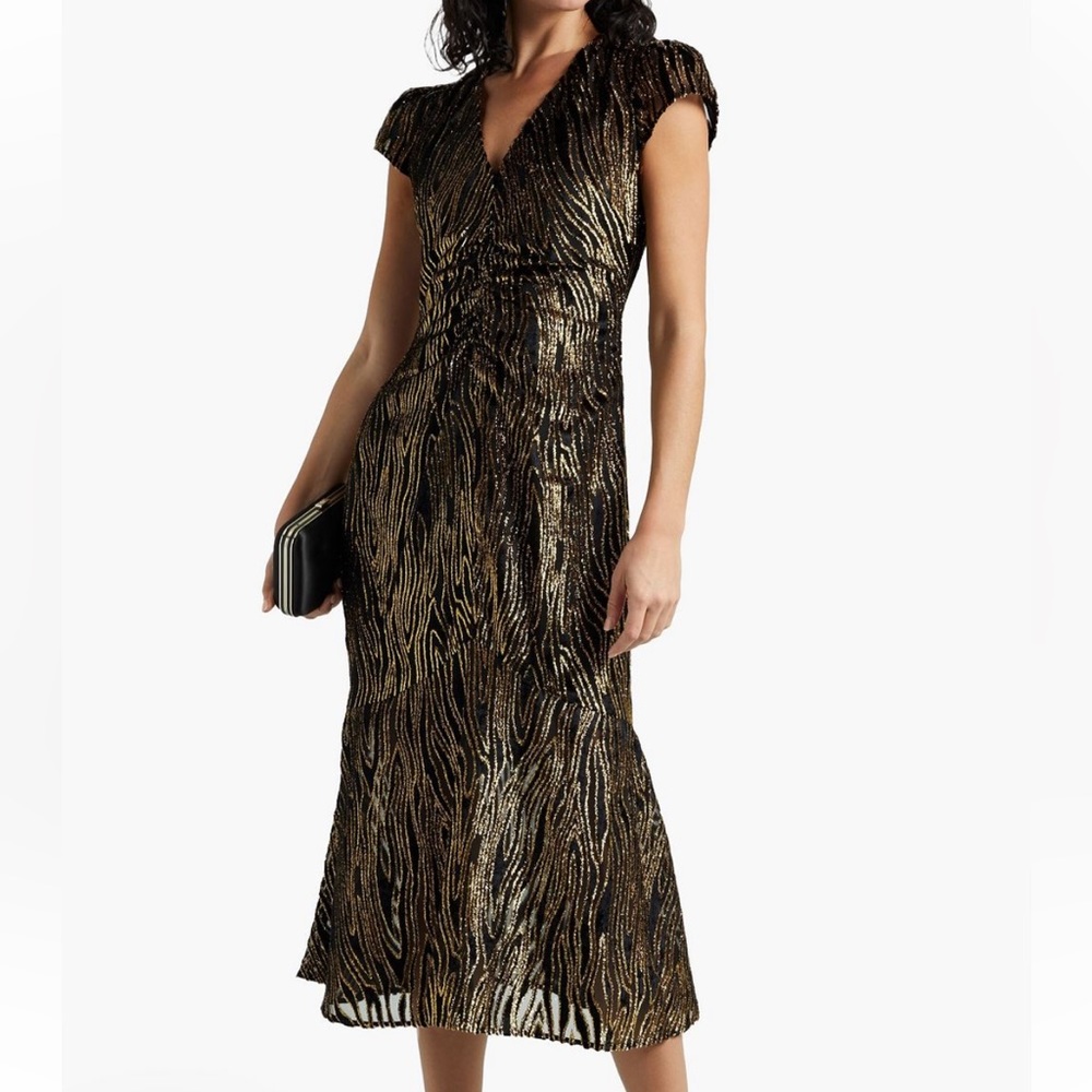 RACHEL ZOE Goldie Ruched Metallic Devoré Velvet Midi Dress 0 NWT